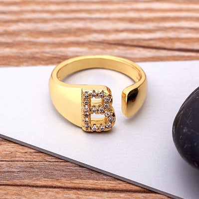 A-Z Letter Gold Color Adjustable Opening Ring