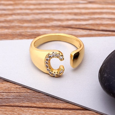 A-Z Letter Gold Color Adjustable Opening Ring